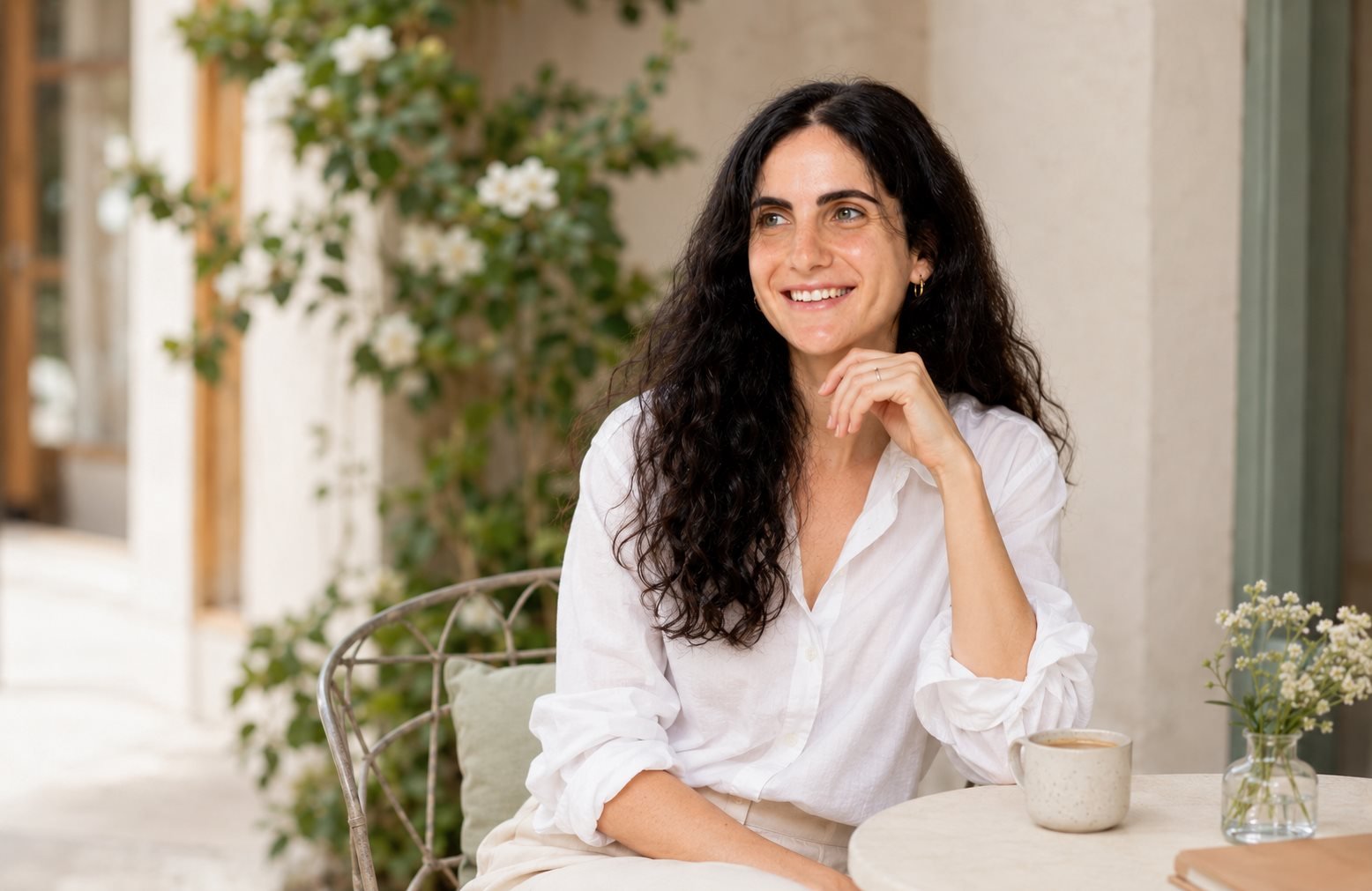 בר רכניץ יושבת בבית קפה ומחייכת