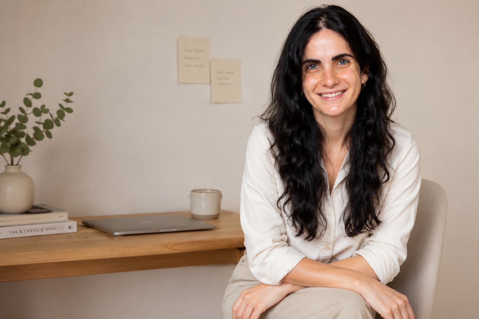בר רכניץ יושבת ליד שולחן העבודה שלה ומחייכת